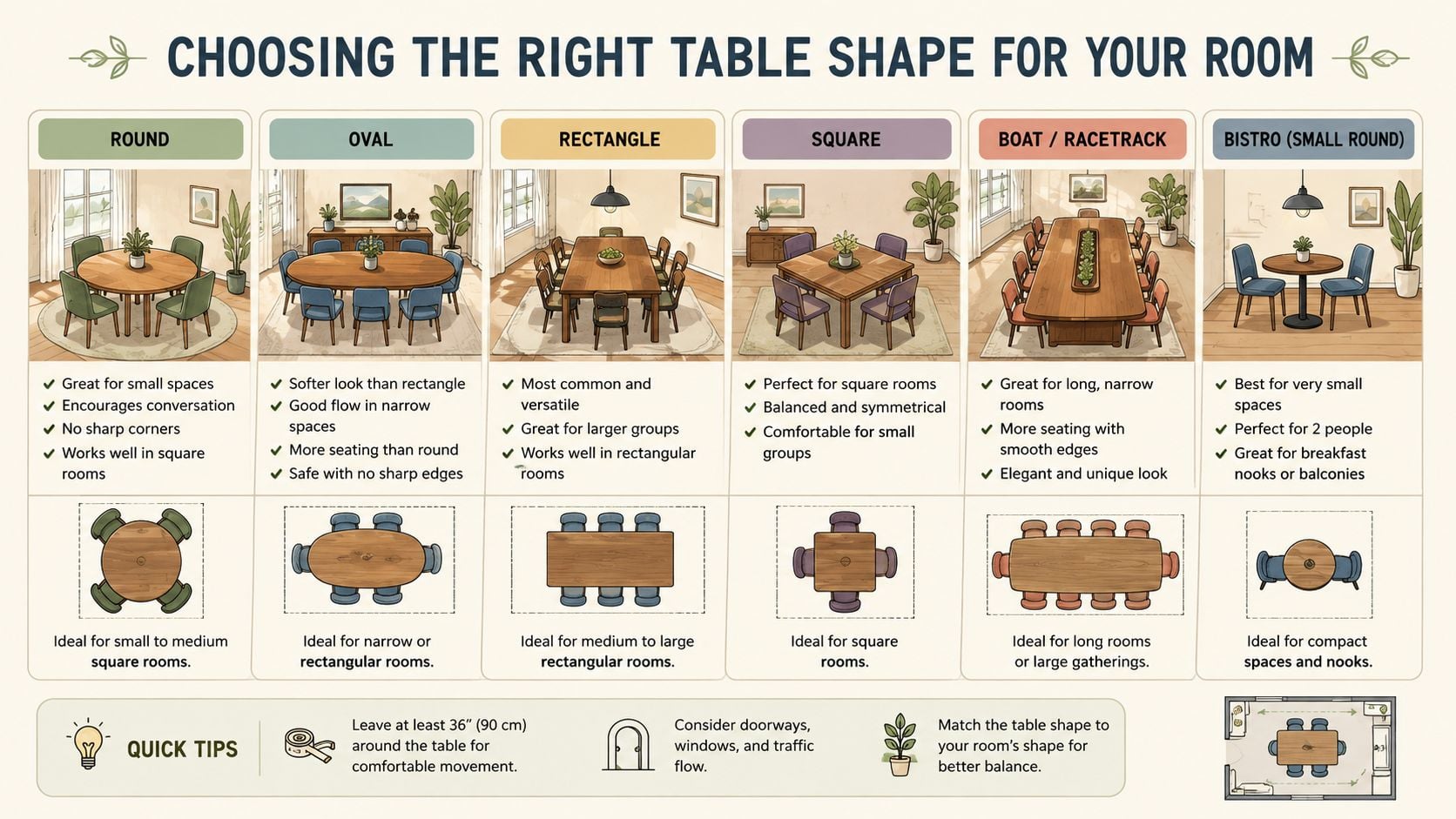 An infographic illustrating various dining table shapes like round, oval, and rectangular for different room layouts.
