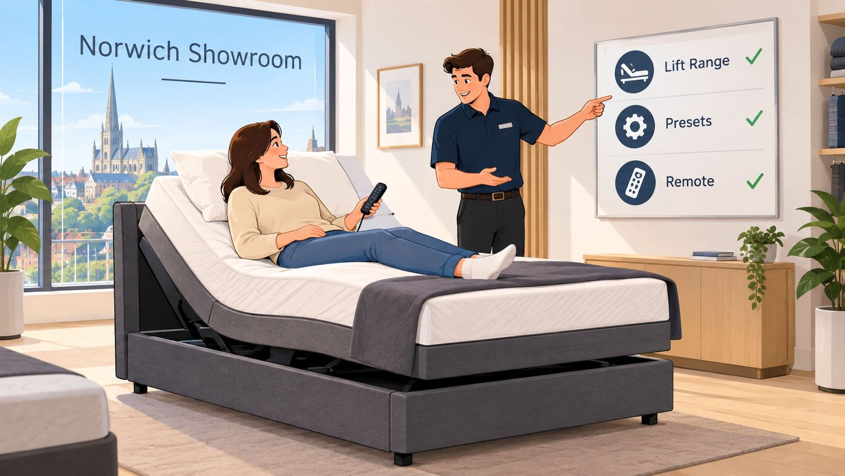 A store associate demonstrates adjustable bed features to a woman sitting on a comfortable bed in a showroom.