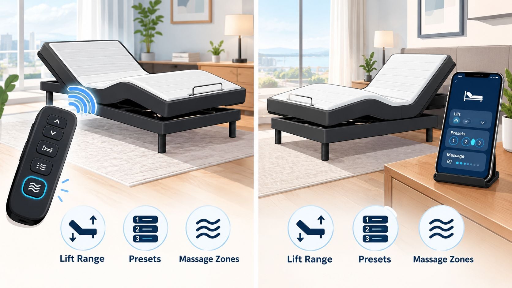 An adjustable bed base controlled by a handheld remote and a smartphone app in a modern bedroom.