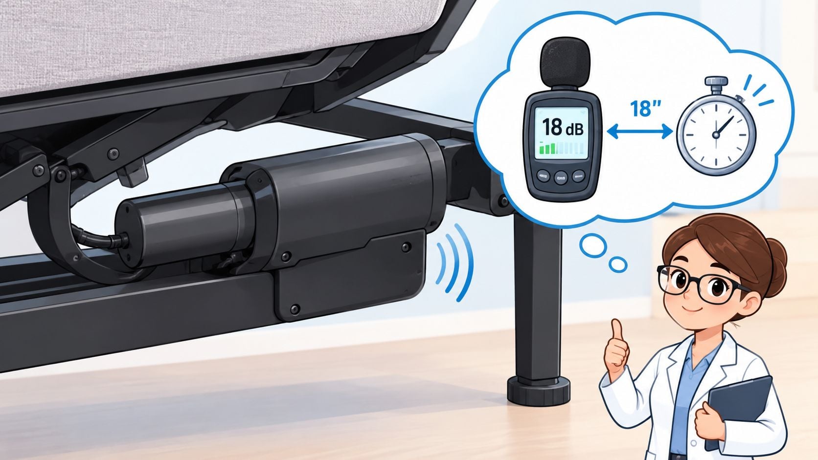 A professional doctor points at a quiet adjustable bed base motor emitting only 18 decibels of noise.