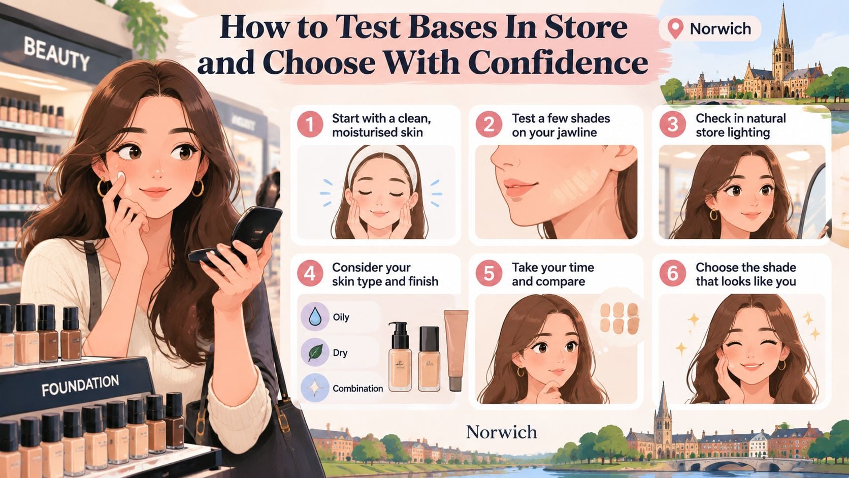 A helpful infographic illustrating six steps to test and choose the perfect foundation shade in a store.