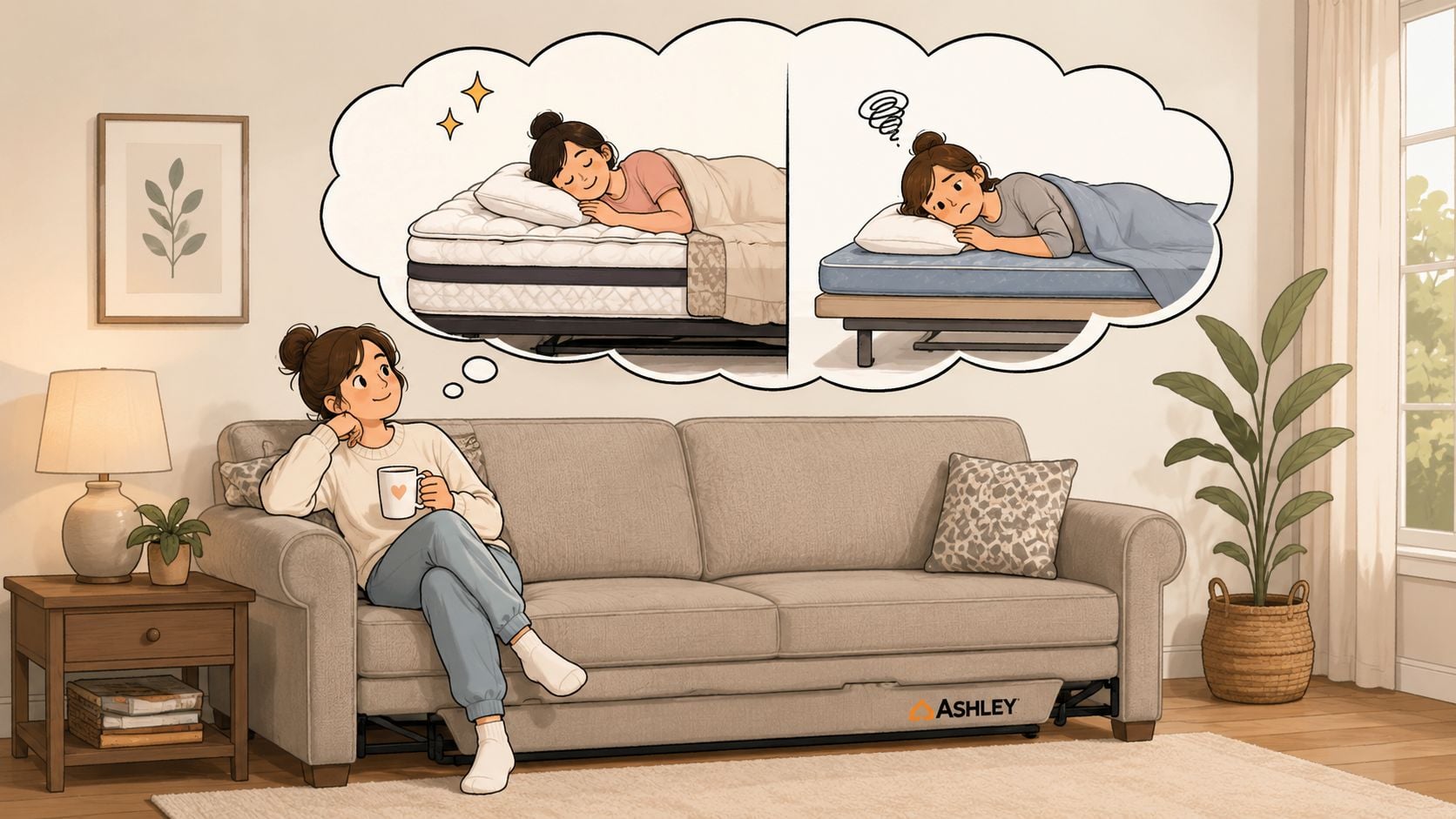 A woman sits on a sofa, imagining the comfort difference between a high-quality and poor mattress.