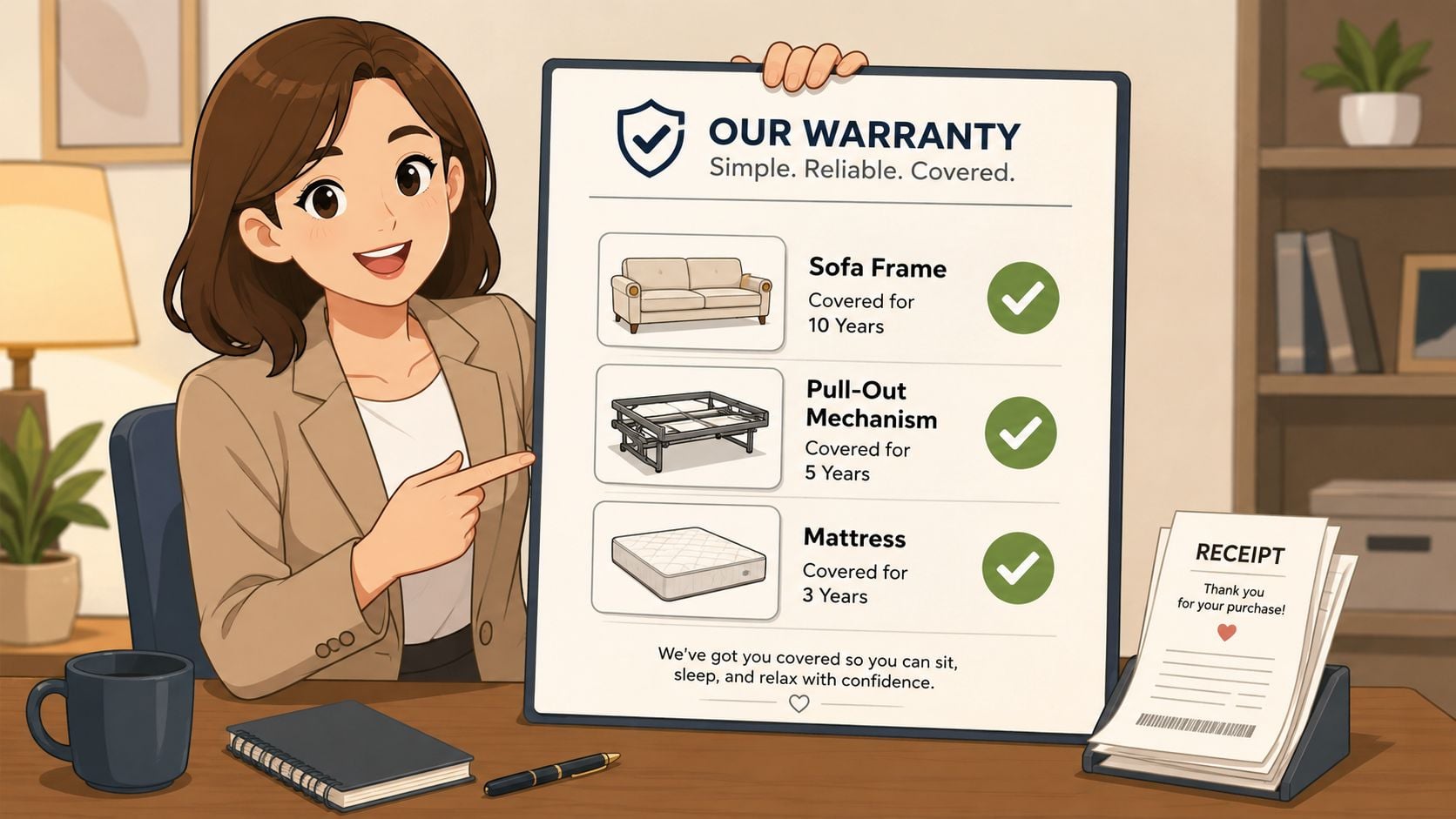 A friendly office worker presenting a warranty document detailing the coverage for a sleeper sofa purchase.