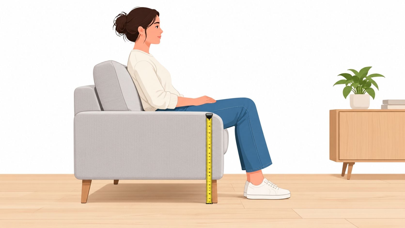 A side profile view of a woman sitting on a gray sofa while measuring its armrest height.