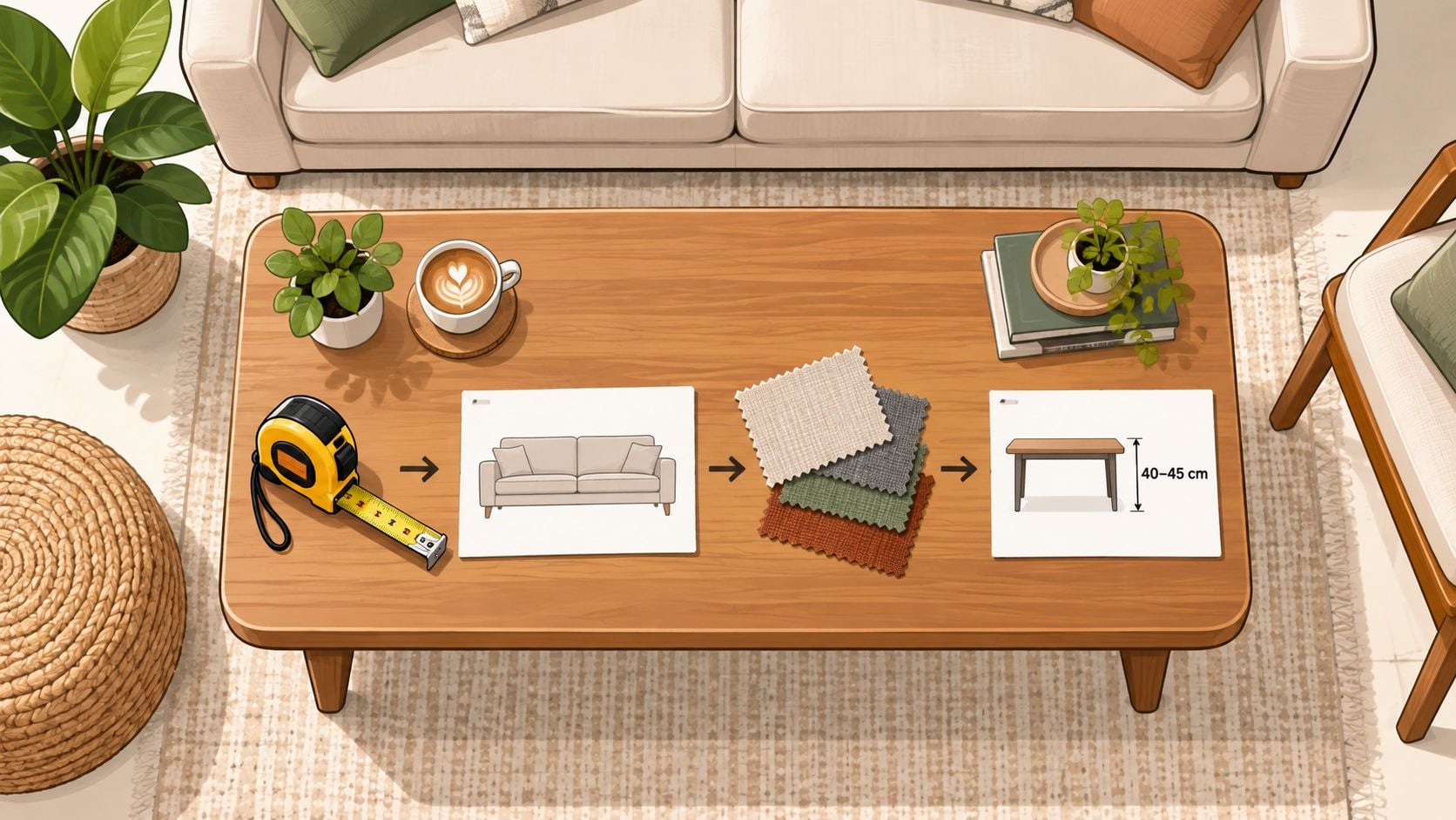A top-down view of a wooden coffee table displaying design planning tools including a tape measure, sofa sketch, fabric swatches, and coffee table height diagram.