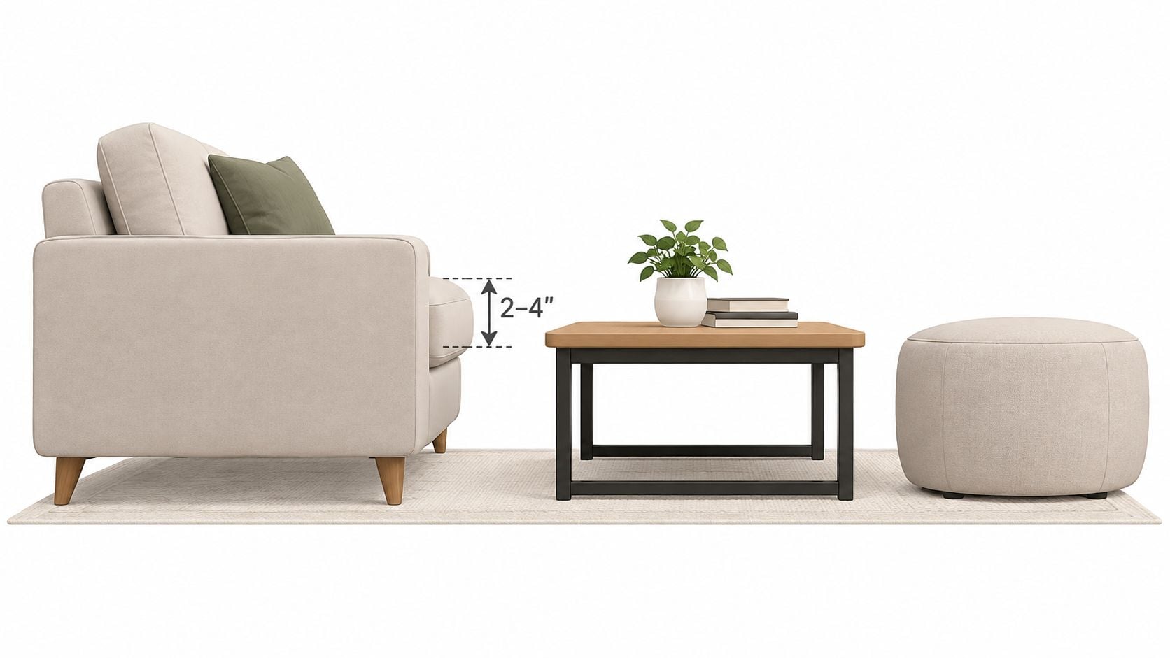 A diagram illustrating the ideal height relationship between a living room sofa seat and a coffee table.