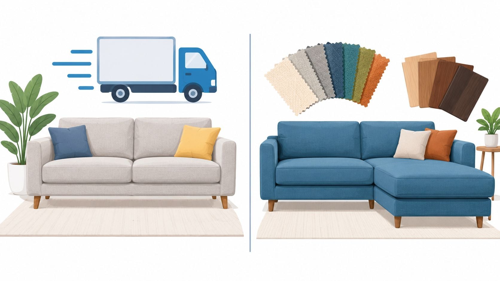 An illustration showing two different styles of sofas with fabric swatches and wood finish samples available.