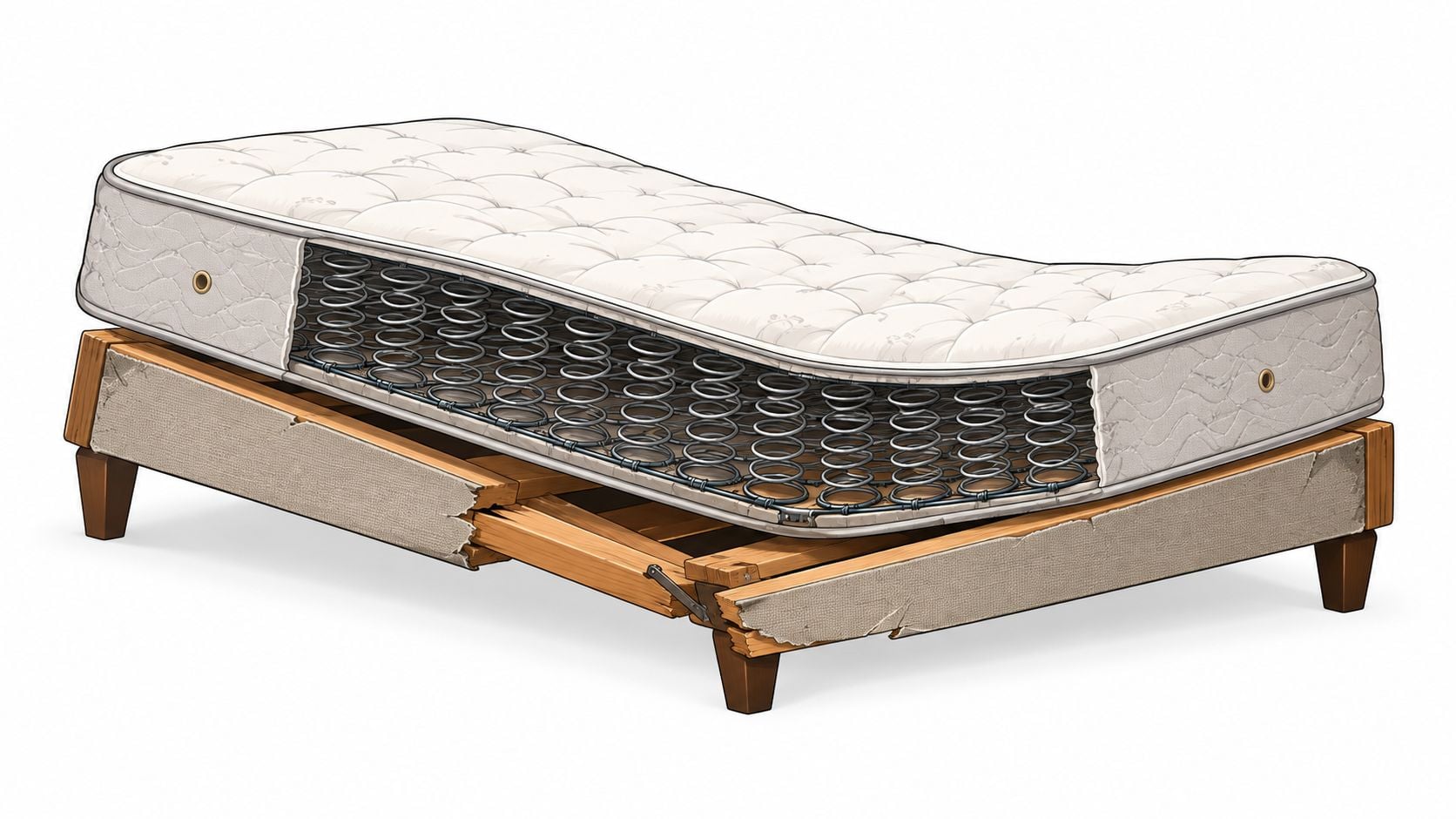 A cutaway view of an inner spring mattress resting on a damaged wooden bed frame base.