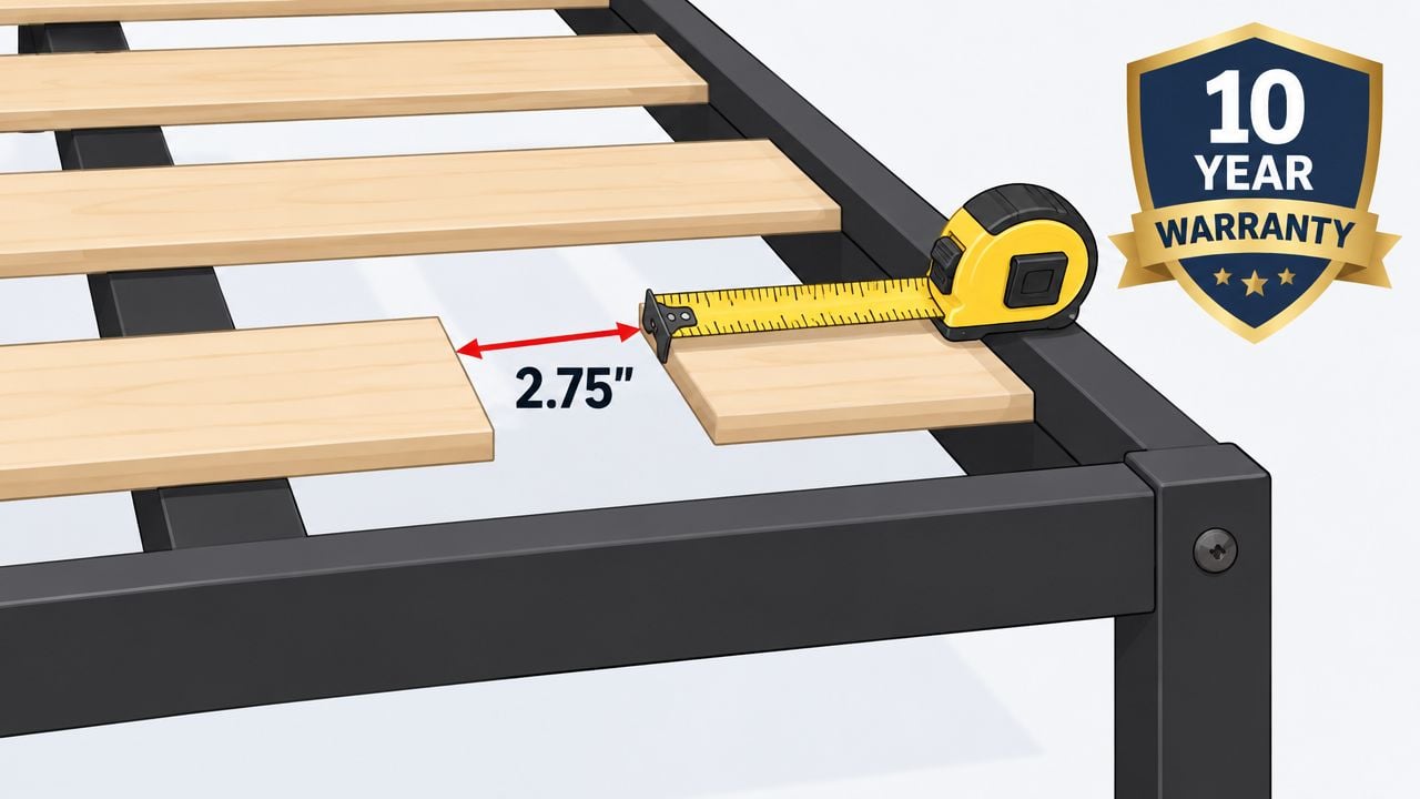 A diagram showing the spacing between wooden bed slats on a metal bed frame measuring 2.75 inches.