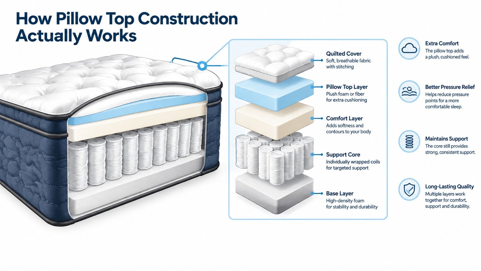 A diagram illustrating the layered construction of a pillow top mattress with cross-section labels and benefits.