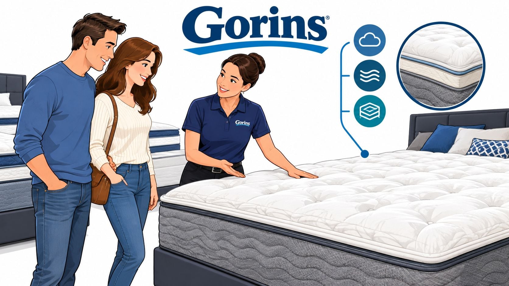 A friendly mattress salesperson showing a high-quality pillow top mattress to a young couple in a store.