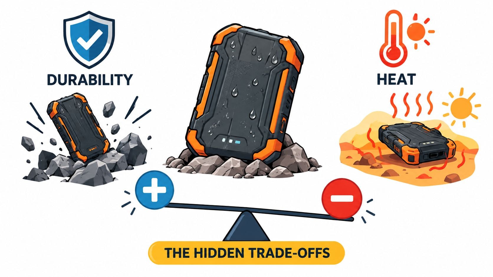 A conceptual illustration highlighting the trade-off between rugged device durability and potential heat management issues.