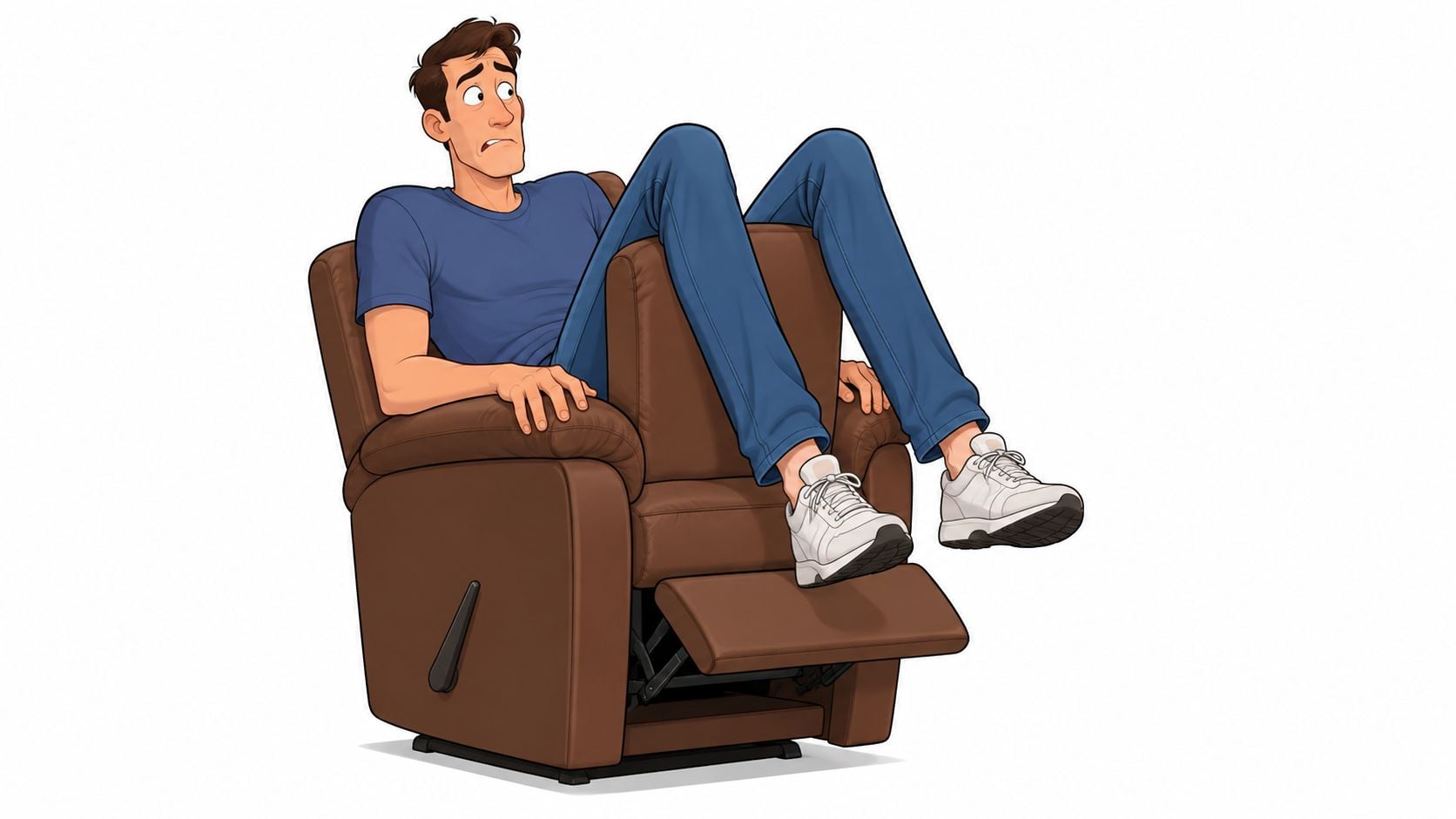 A tall man looking worried while sitting in a brown leather recliner that is too small for him.