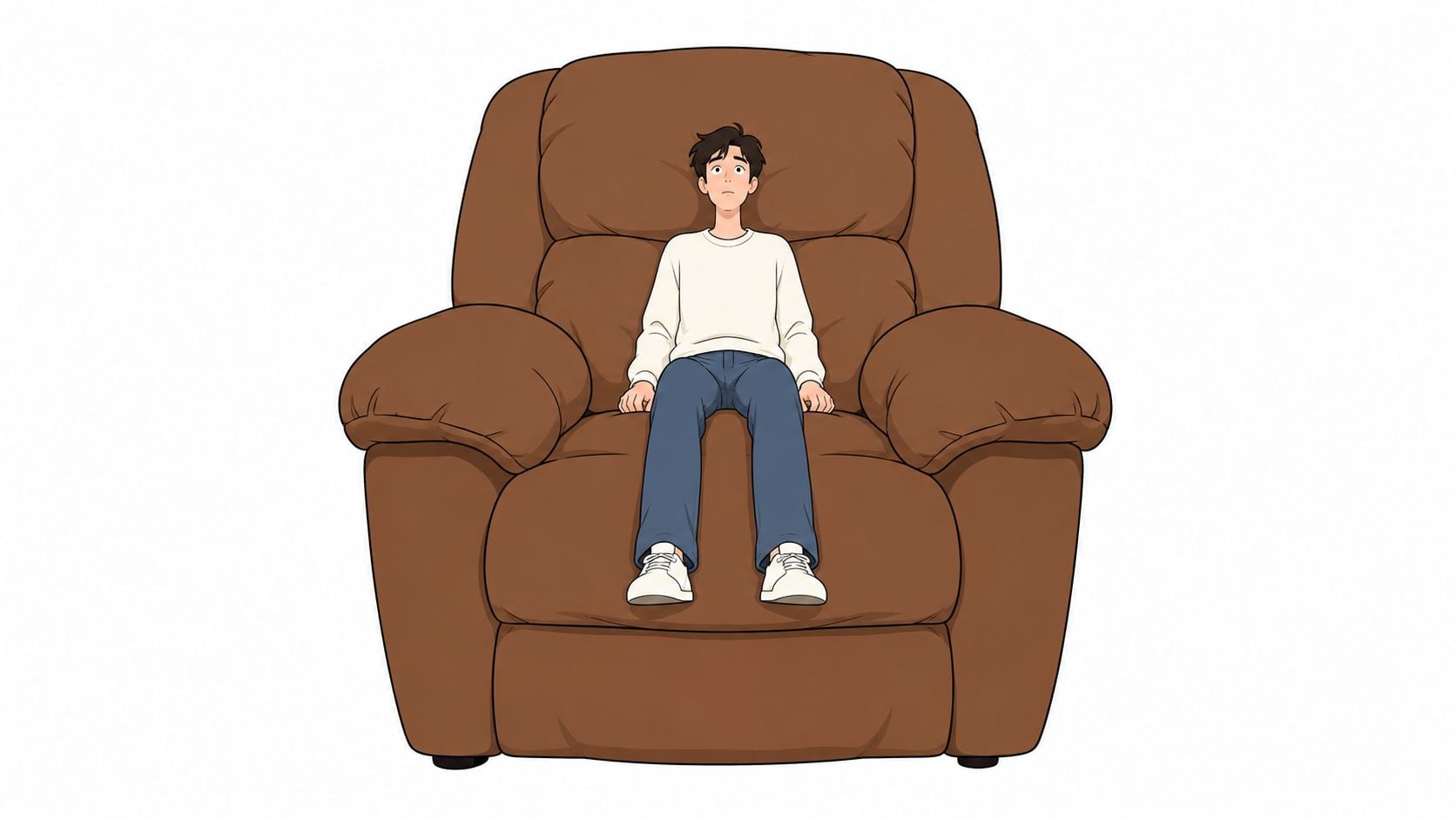 A young man with dark hair sitting upright and still on a large brown leather recliner chair.