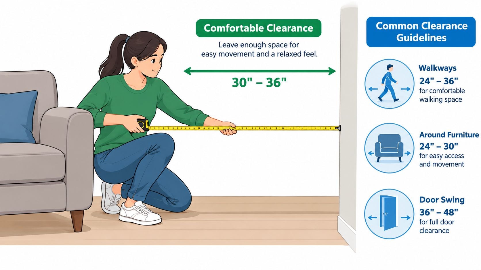 A woman kneeling on the floor using a measuring tape to check furniture clearance near a wall.