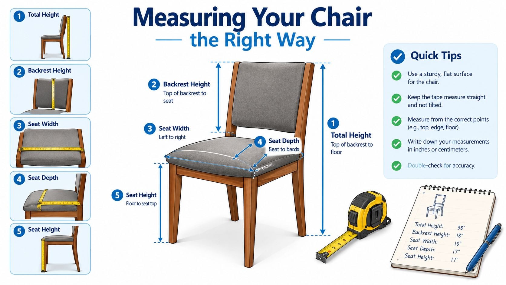 An instructional graphic showing how to measure a dining chair for custom cushions and furniture dimensions.