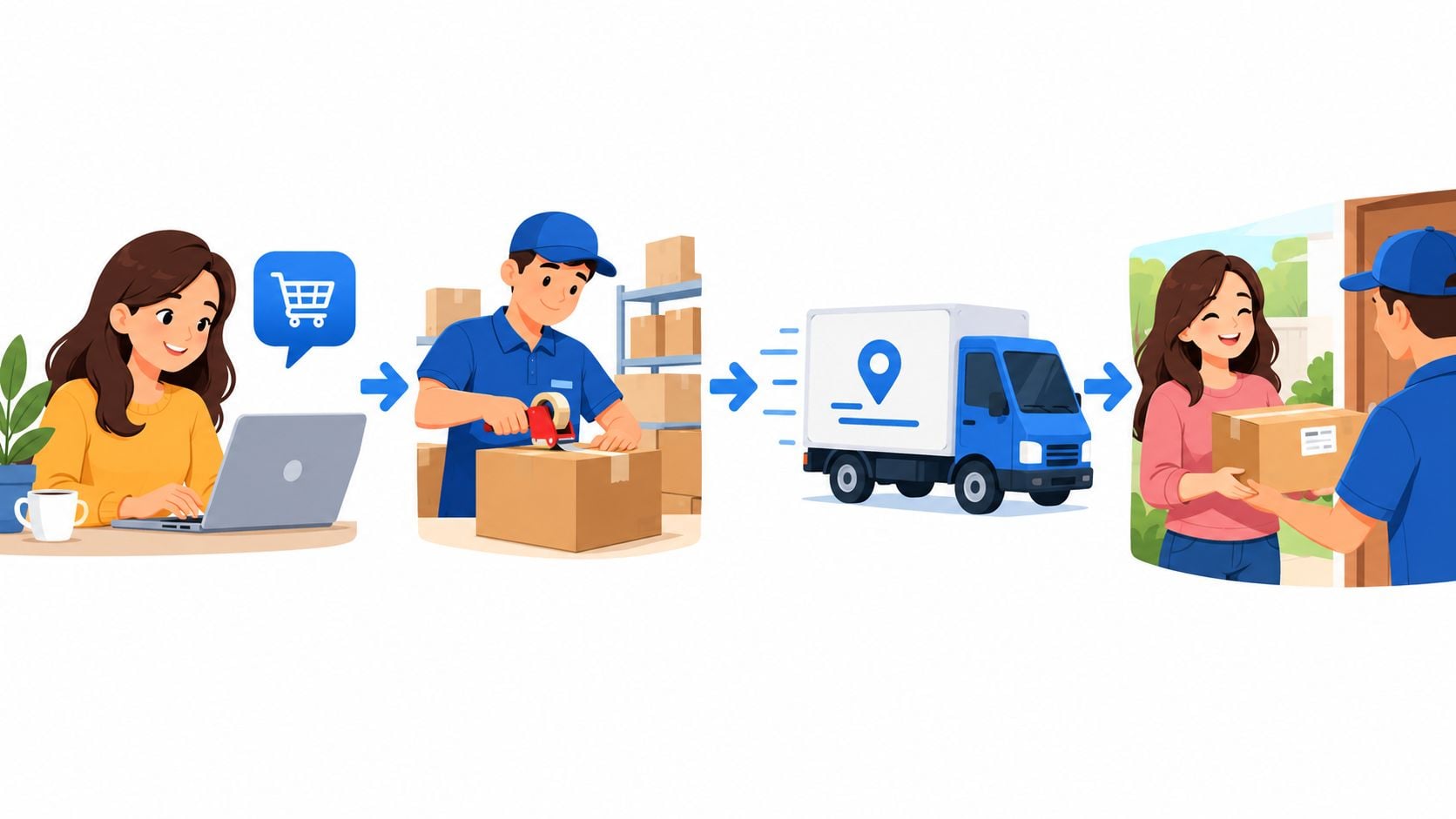 A woman shopping online, followed by a warehouse worker packing and a delivery driver delivering a package.
