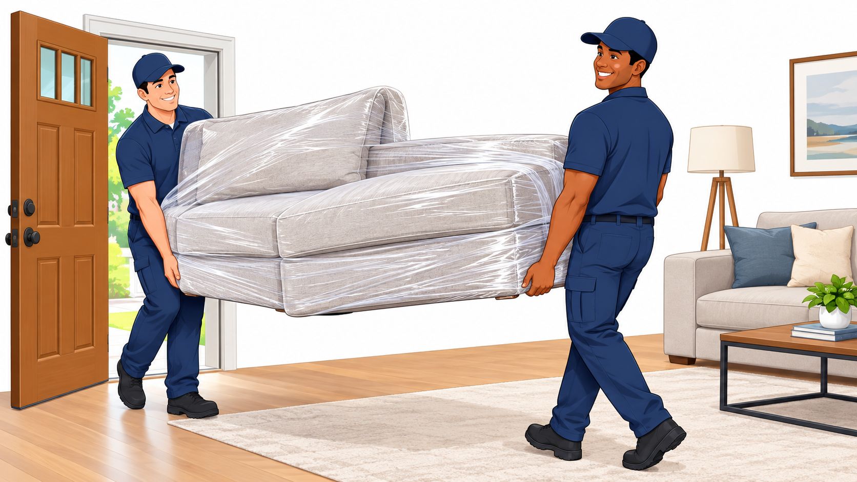 Two professional movers in matching blue uniforms carrying a wrapped sectional sofa into a modern home.