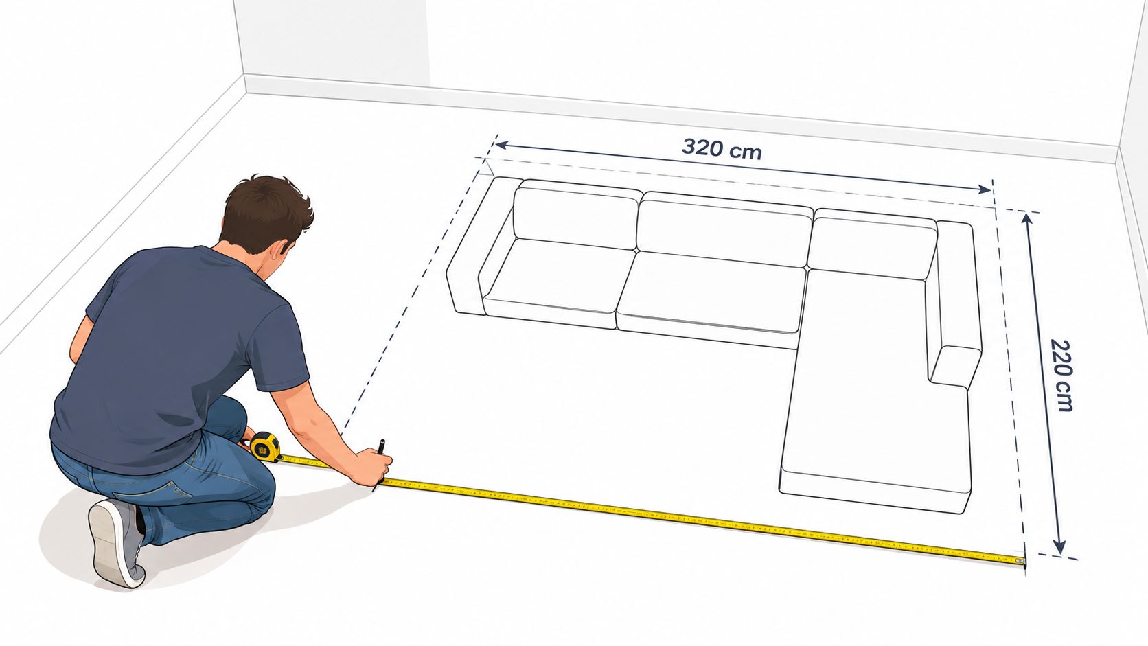 A man measuring the floor space for a custom made sectional sofa using a tape measure.