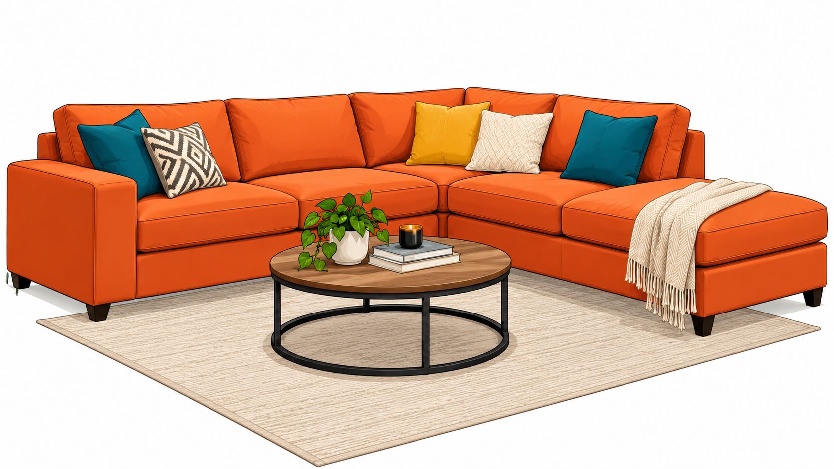 A modern orange sectional sofa with colorful accent pillows, a round wooden coffee table, and a rug.