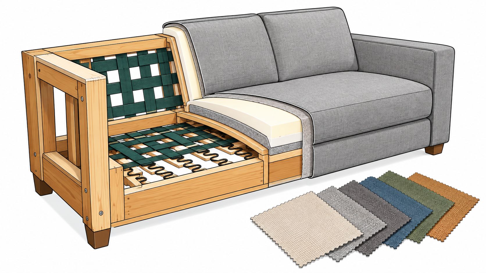 Cutaway view of a custom made sectional sofa showing wooden framing, springs, and foam padding structure.