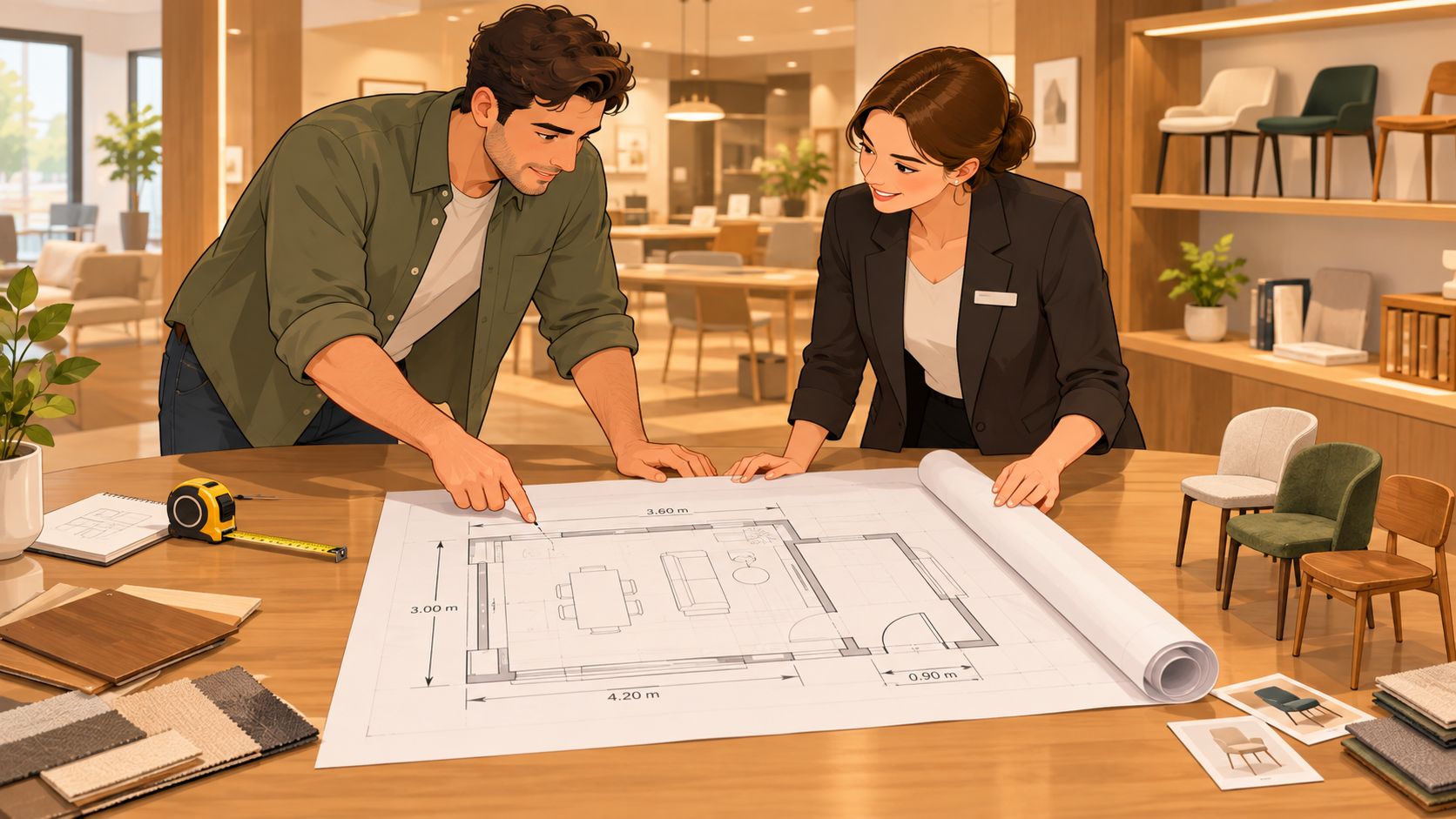 A male customer and a female design consultant reviewing home floor plans on a wooden table.