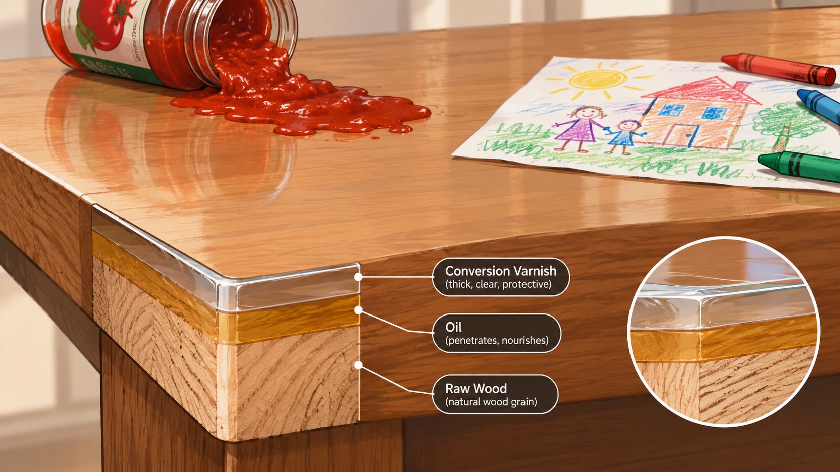A cross-section illustration showing the layers of conversion varnish, oil, and raw wood on a dining table.