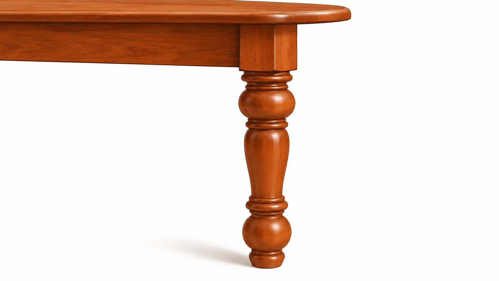 A close-up view of a polished wooden dining table leg with a classic turned design.
