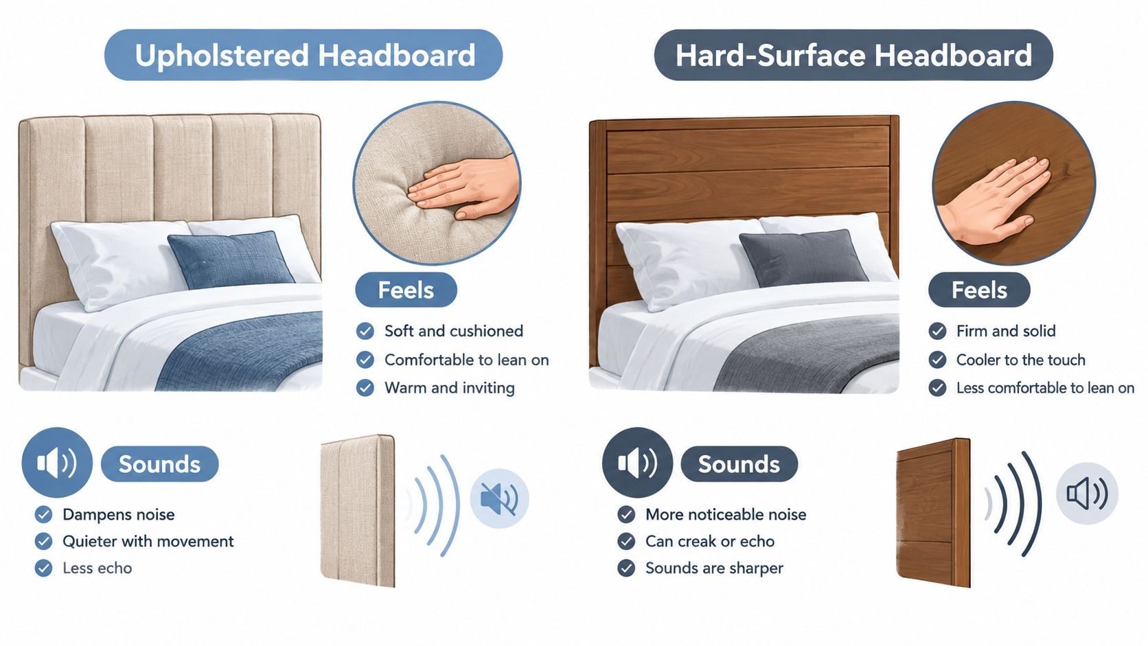 A comparison chart showing the differences between upholstered and hard-surface headboards regarding feel and sound absorption.