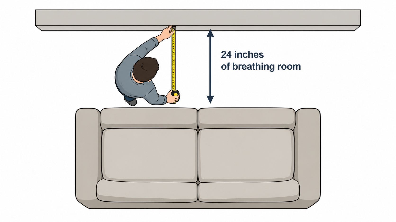 A top-down view of a person measuring a twenty-four inch gap between a wall and a sofa.