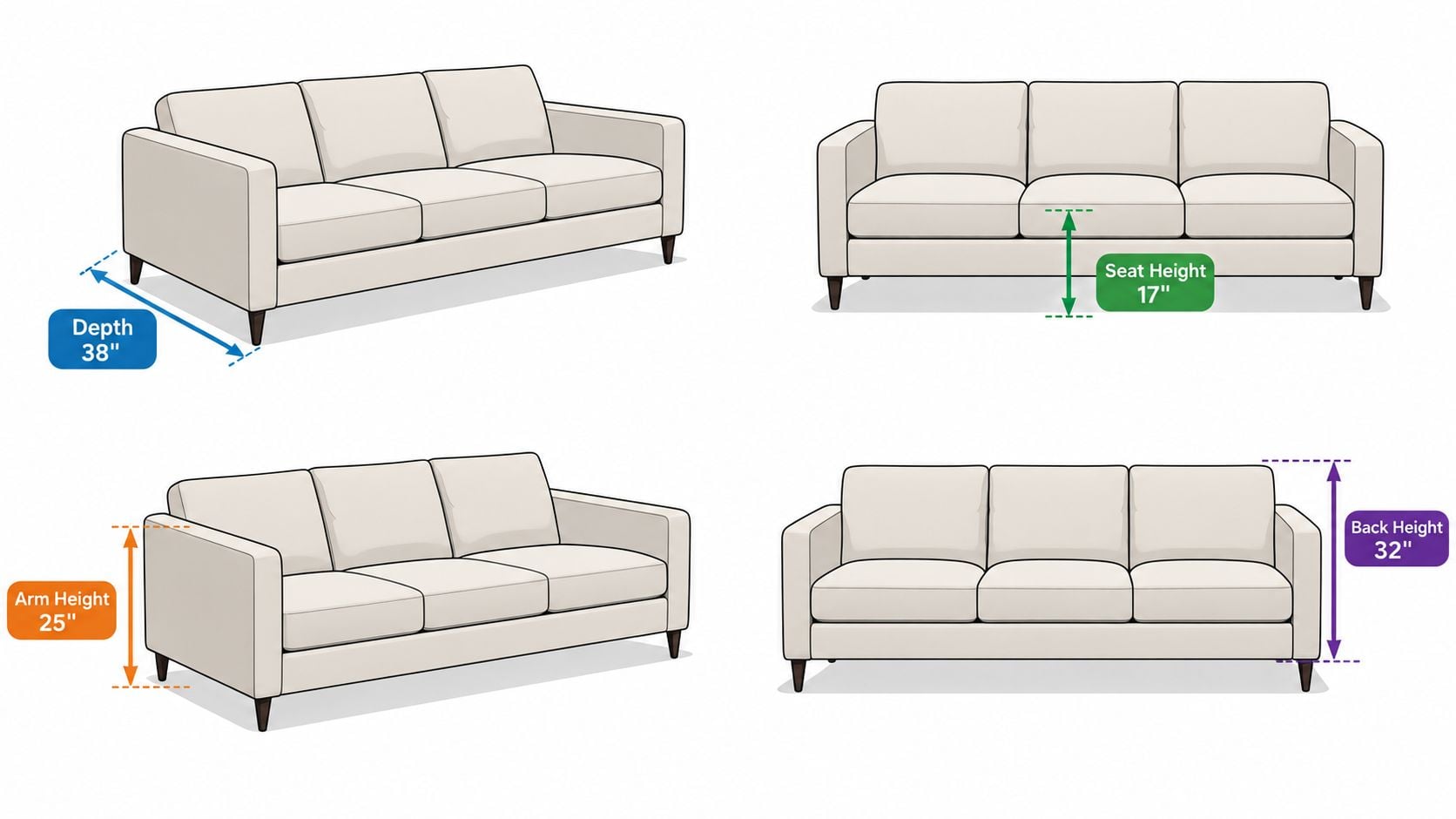 A diagram illustrating the standard dimensions of a modern three-seater sofa, including depth, seat, arm, and back heights.