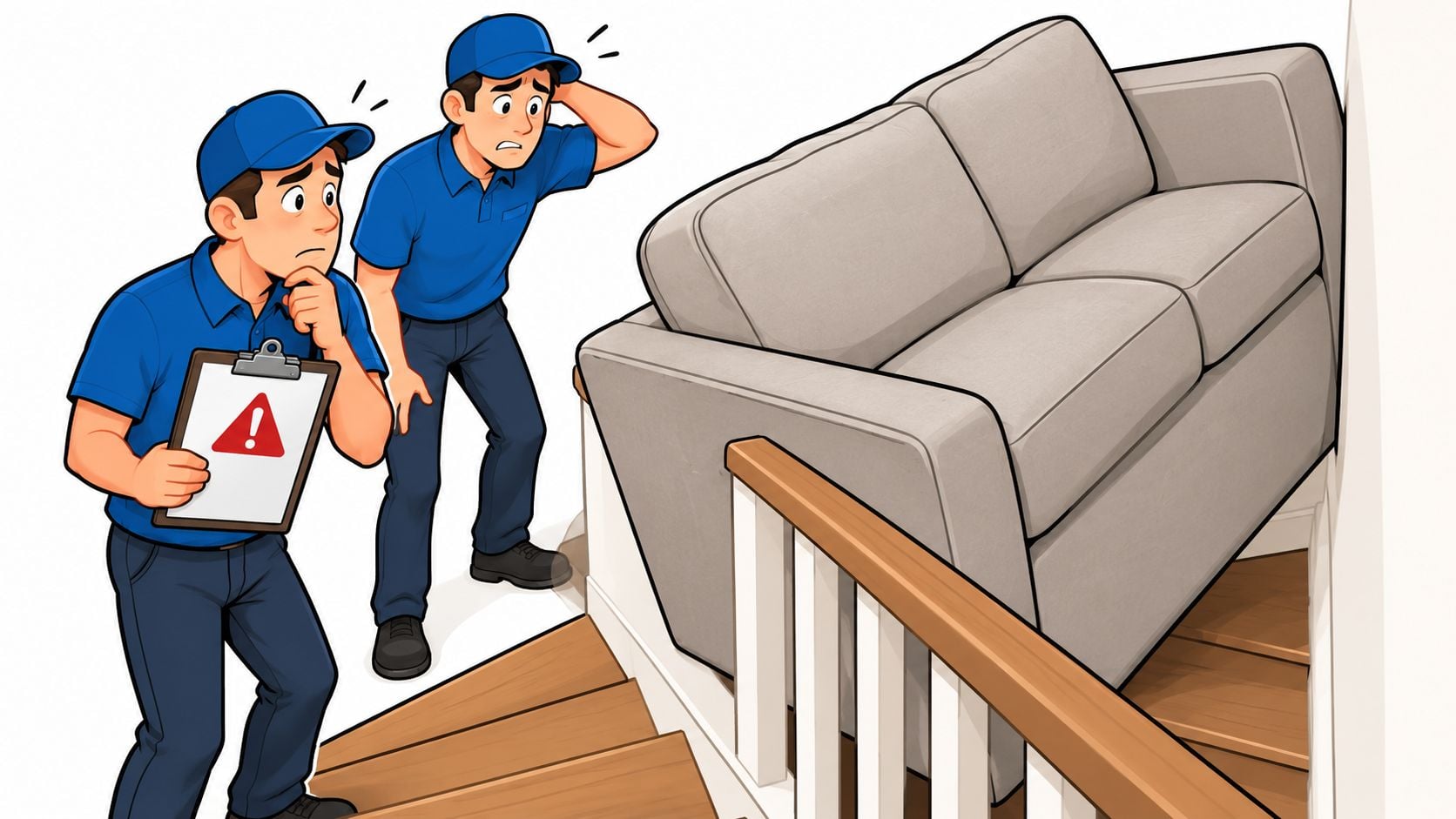 Two frustrated movers in blue uniforms looking at a large sofa stuck on a narrow staircase.