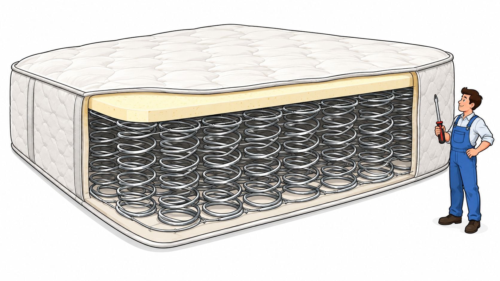 A cutaway illustration of an innerspring mattress showing internal coils and foam with a repairman standing beside.