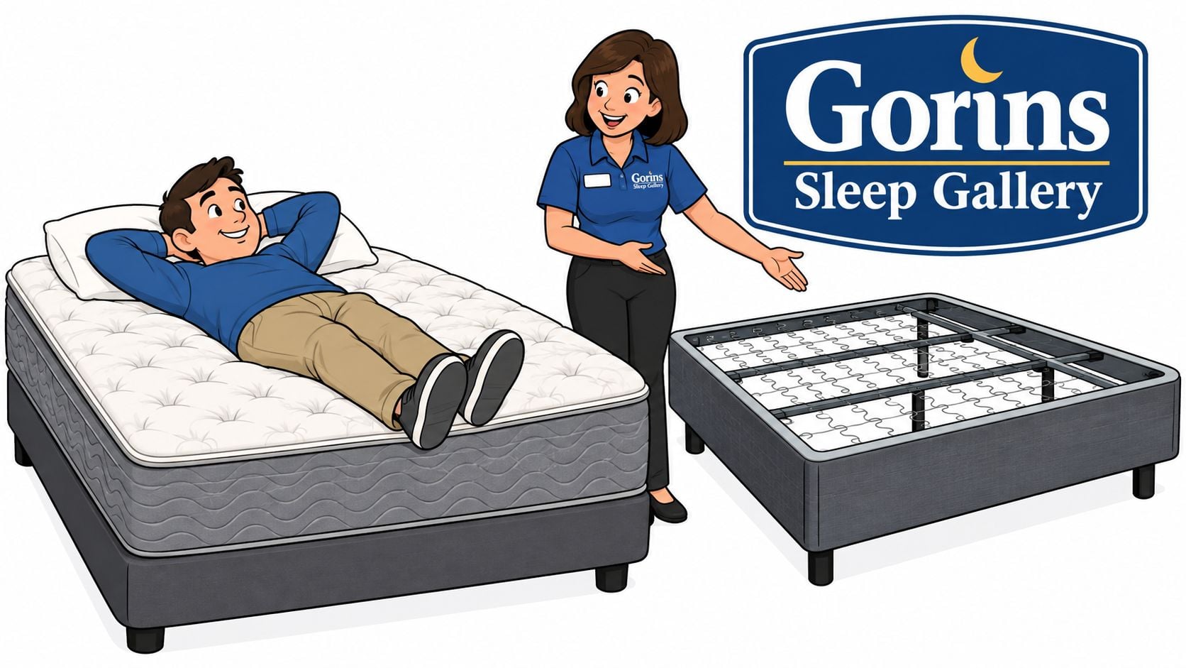 A smiling man resting on a comfortable mattress beside a saleswoman presenting an open box spring base.