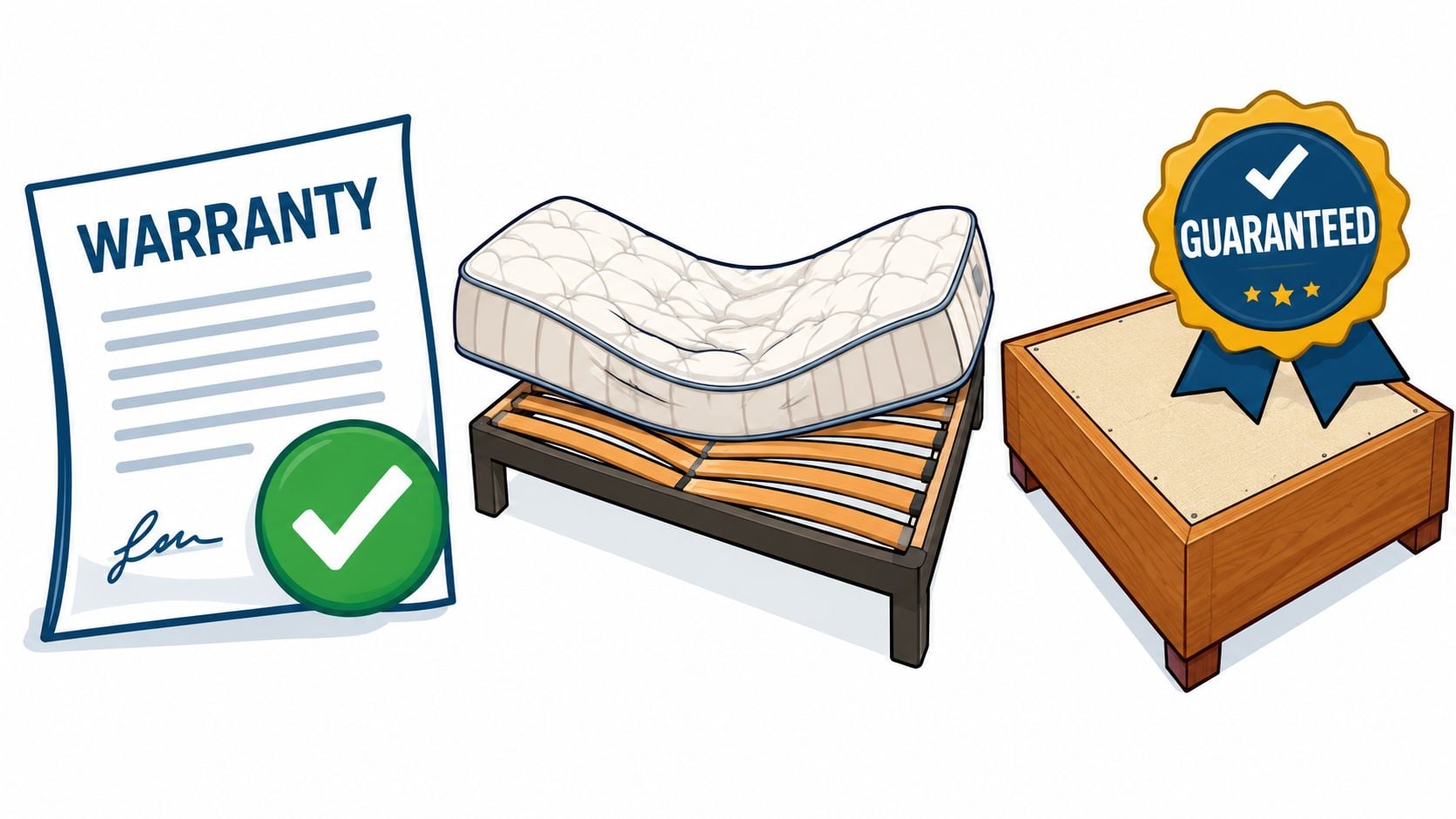 A graphic showing a warranty document, a mattress on a slat bed frame, and a guaranteed box spring.