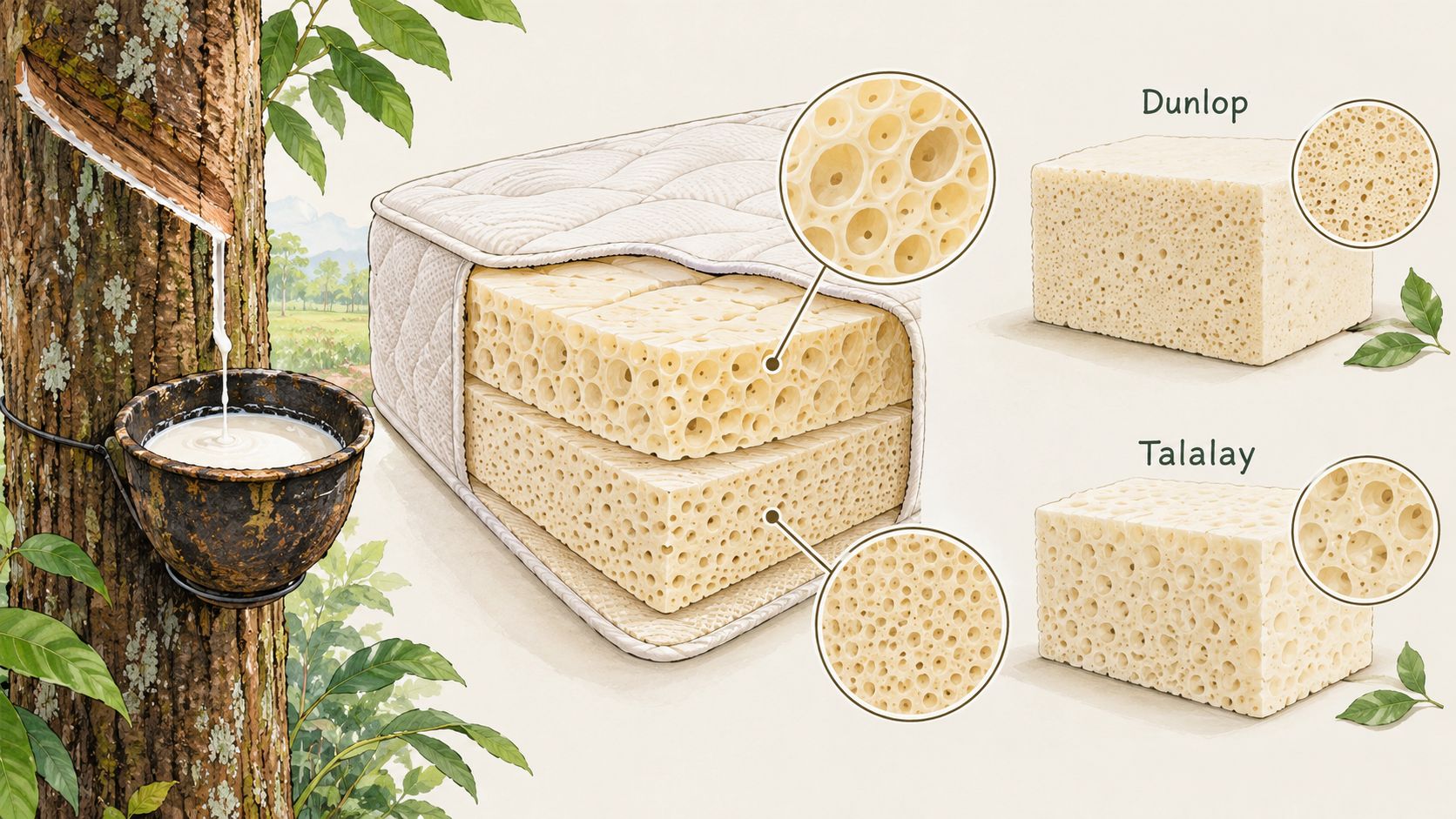 An illustration showing a latex mattress construction with Dunlop and Talalay foam comparison next to a rubber tree.