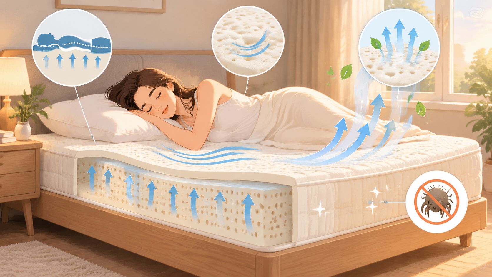 A sleeping woman on a comfortable latex mattress highlighting features like spinal support, ventilation, and dust mite resistance.