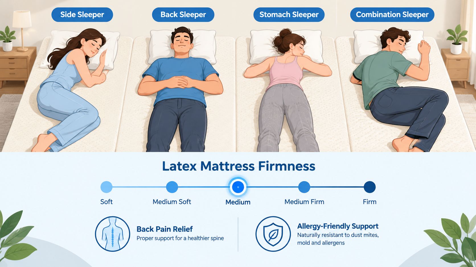 A diagram illustrating latex mattress firmness levels with different sleeping positions, including side, back, stomach, and combination.