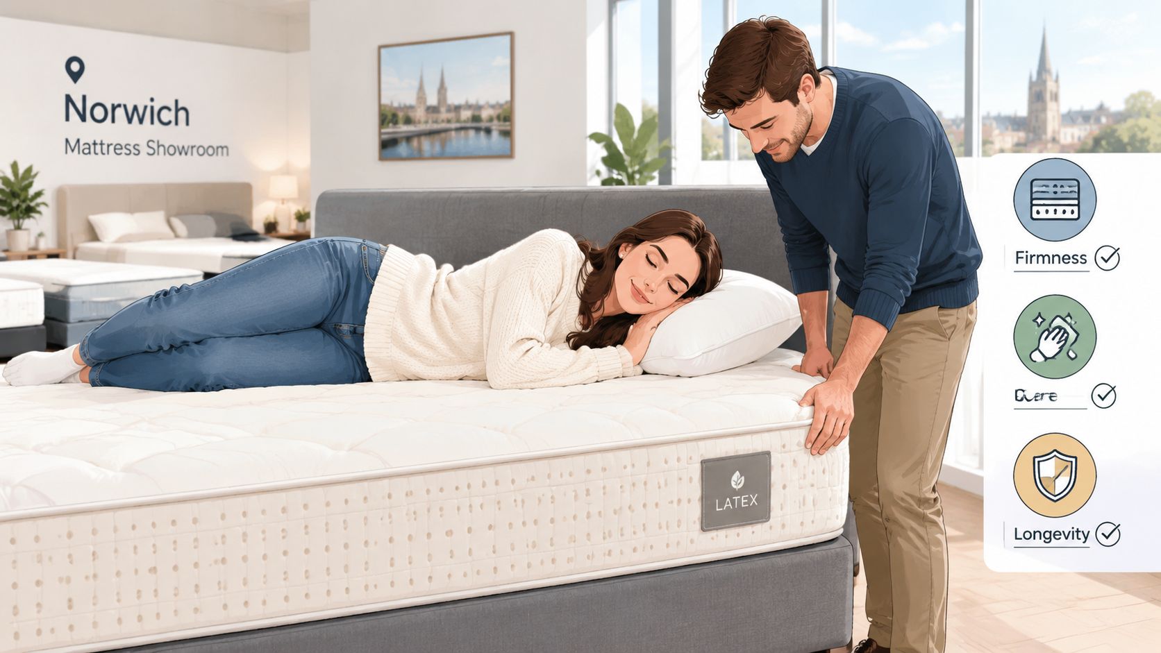 A couple testing a new latex mattress in a bright, modern Norwich mattress showroom display area.