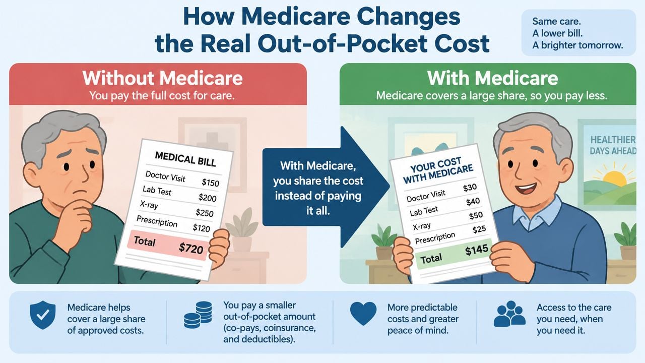 An infographic showing how Medicare coverage reduces personal medical expenses from $720 to just $145.