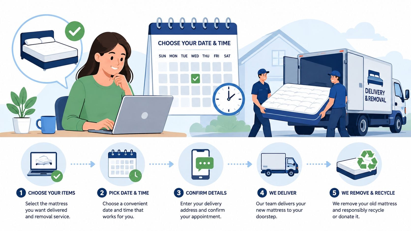 A helpful infographic showing the five-step process for professional mattress delivery, removal, and recycling services.