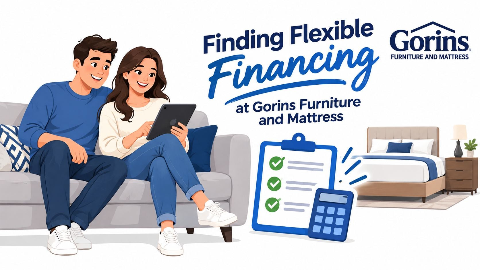 A happy couple sitting on a sofa looking at a digital tablet for financing options at Gorins.