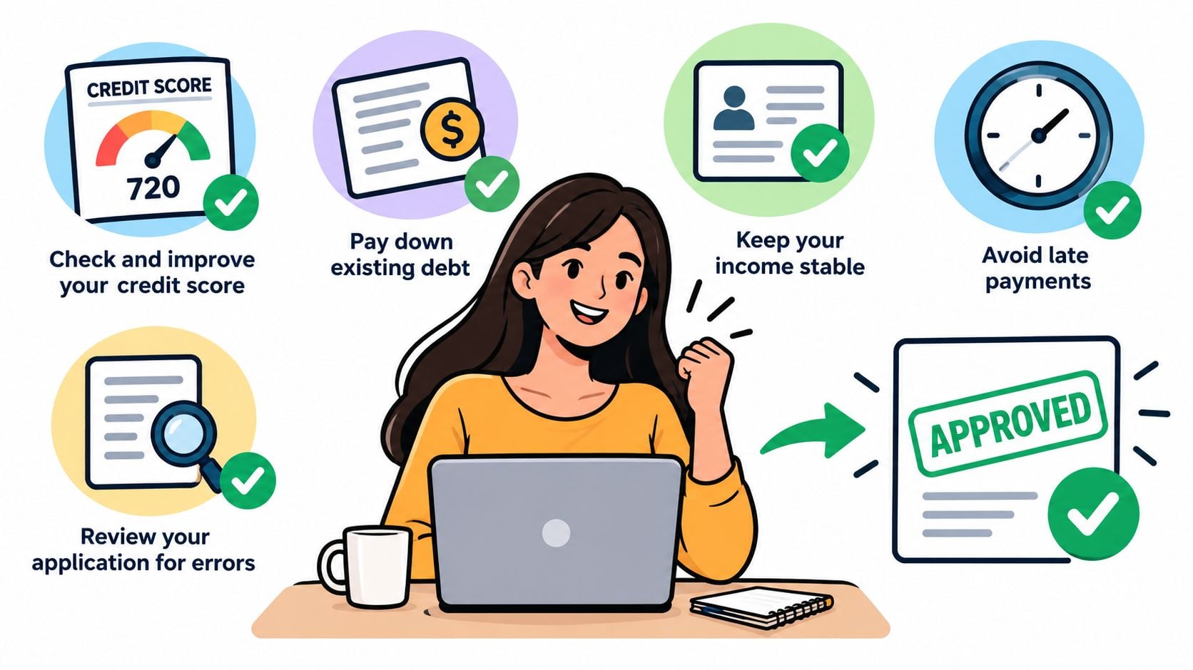 A woman using a laptop to review financial steps for getting a loan approval successfully.