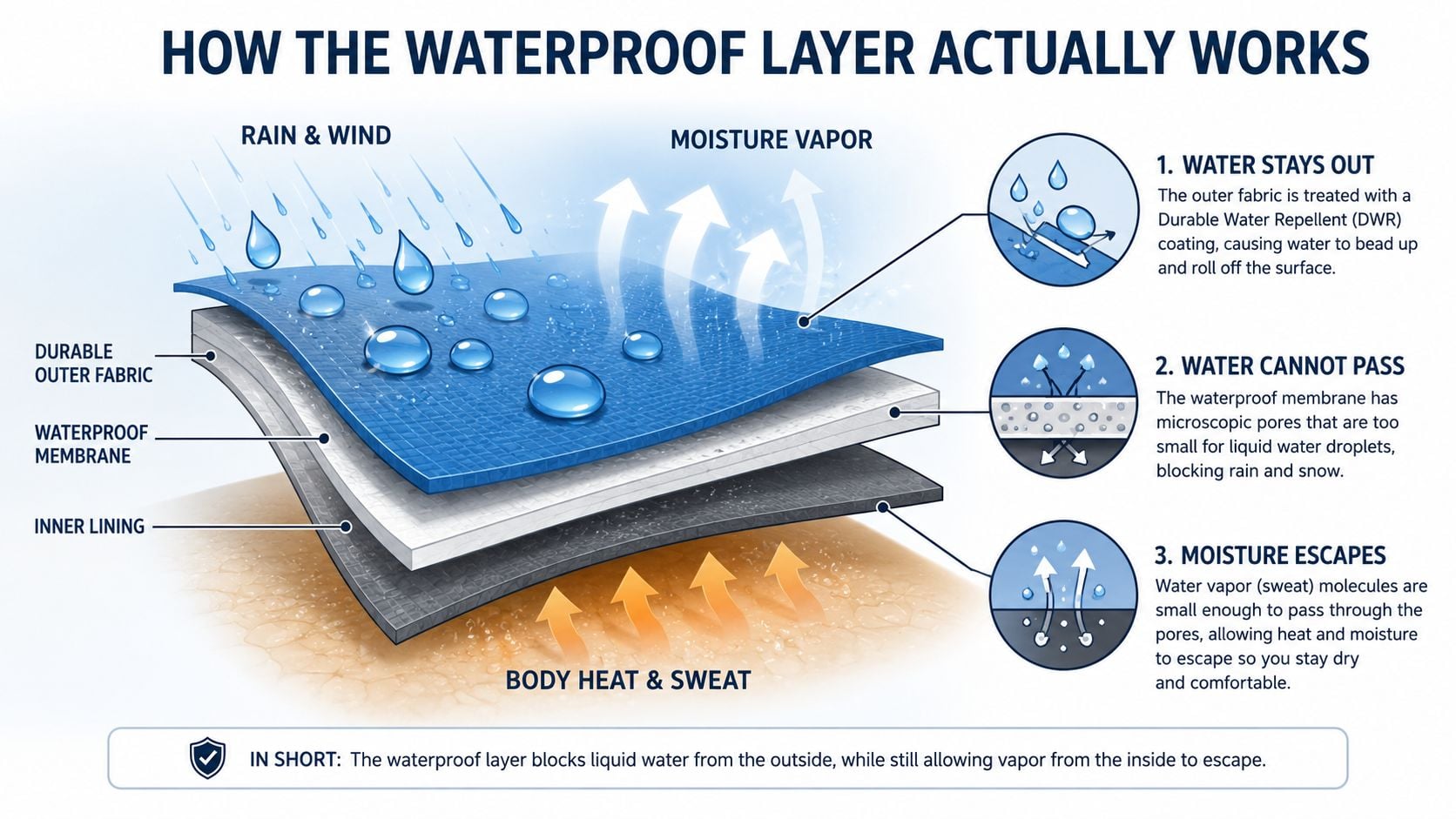 A diagram illustrating how waterproof fabric works with DWR coating, a waterproof membrane, and inner moisture-wicking lining.