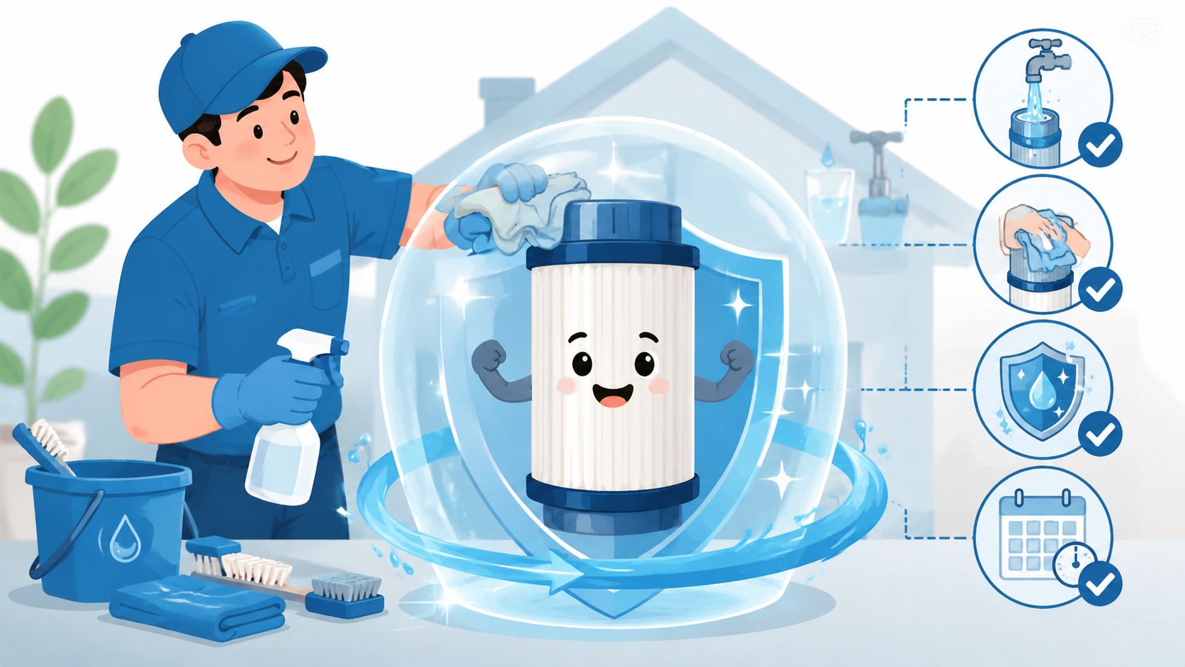A professional service worker cleaning a water filter element protected by a glowing blue shield bubble.