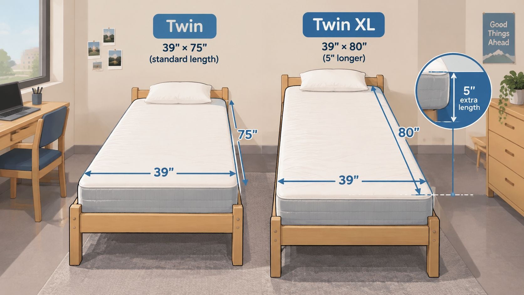 A comparison diagram showing the dimensions of a Twin mattress versus a Twin XL mattress for students.