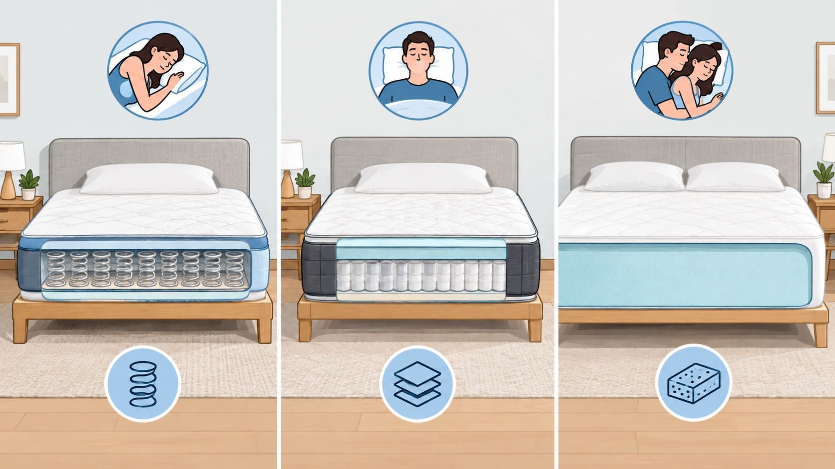 Three different types of mattresses displayed in bedrooms with illustration icons showing various sleeping styles.