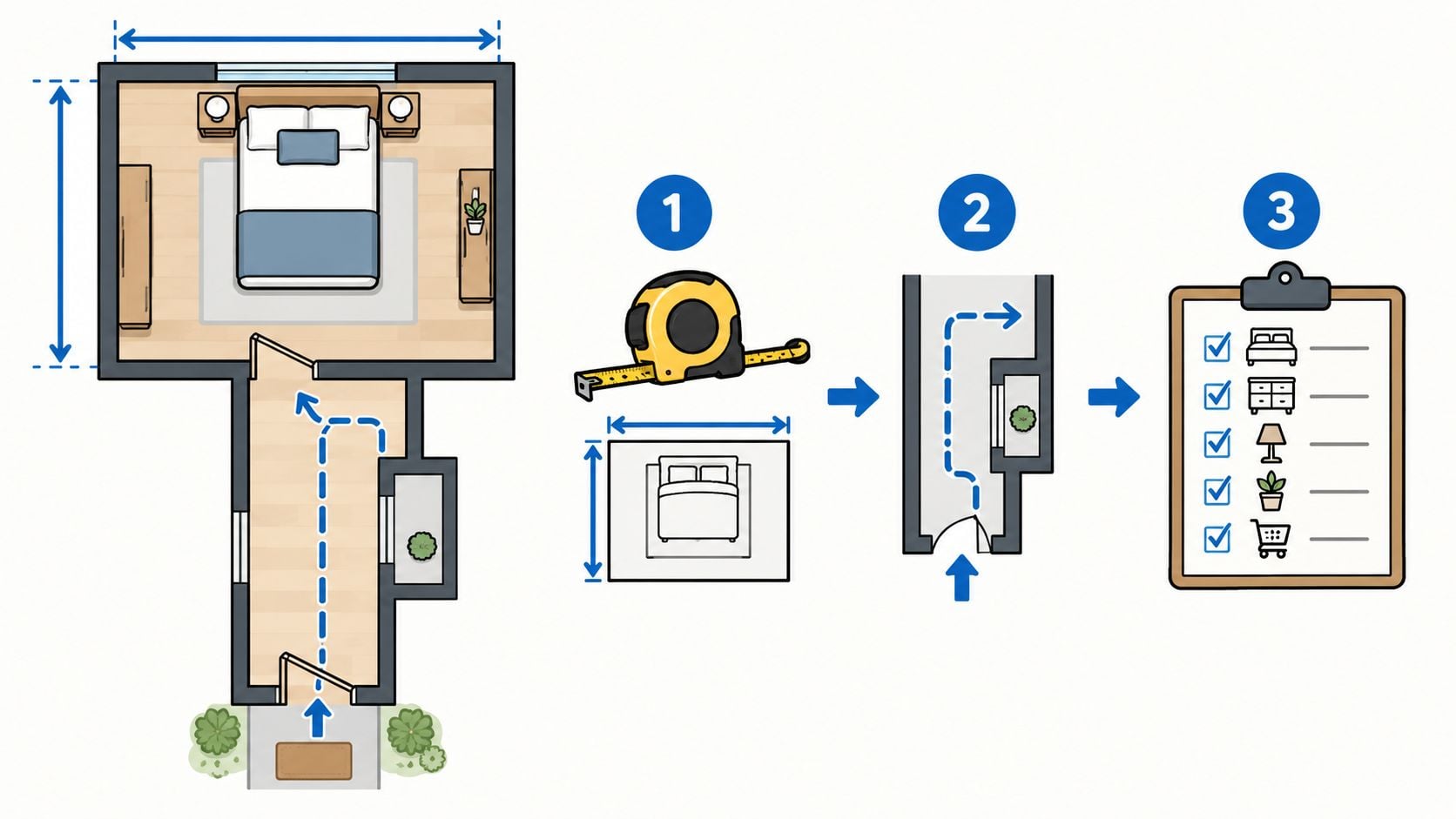 An infographic showing three steps to measure a room for furniture using a tape measure and checklist.