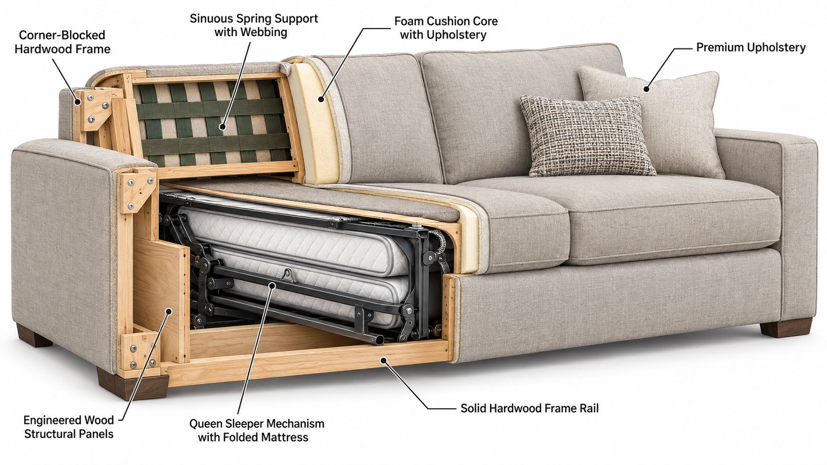 A cutaway view of a gray sleeper sofa revealing the internal hardwood frame, foam cushions, and folding mattress mechanism.