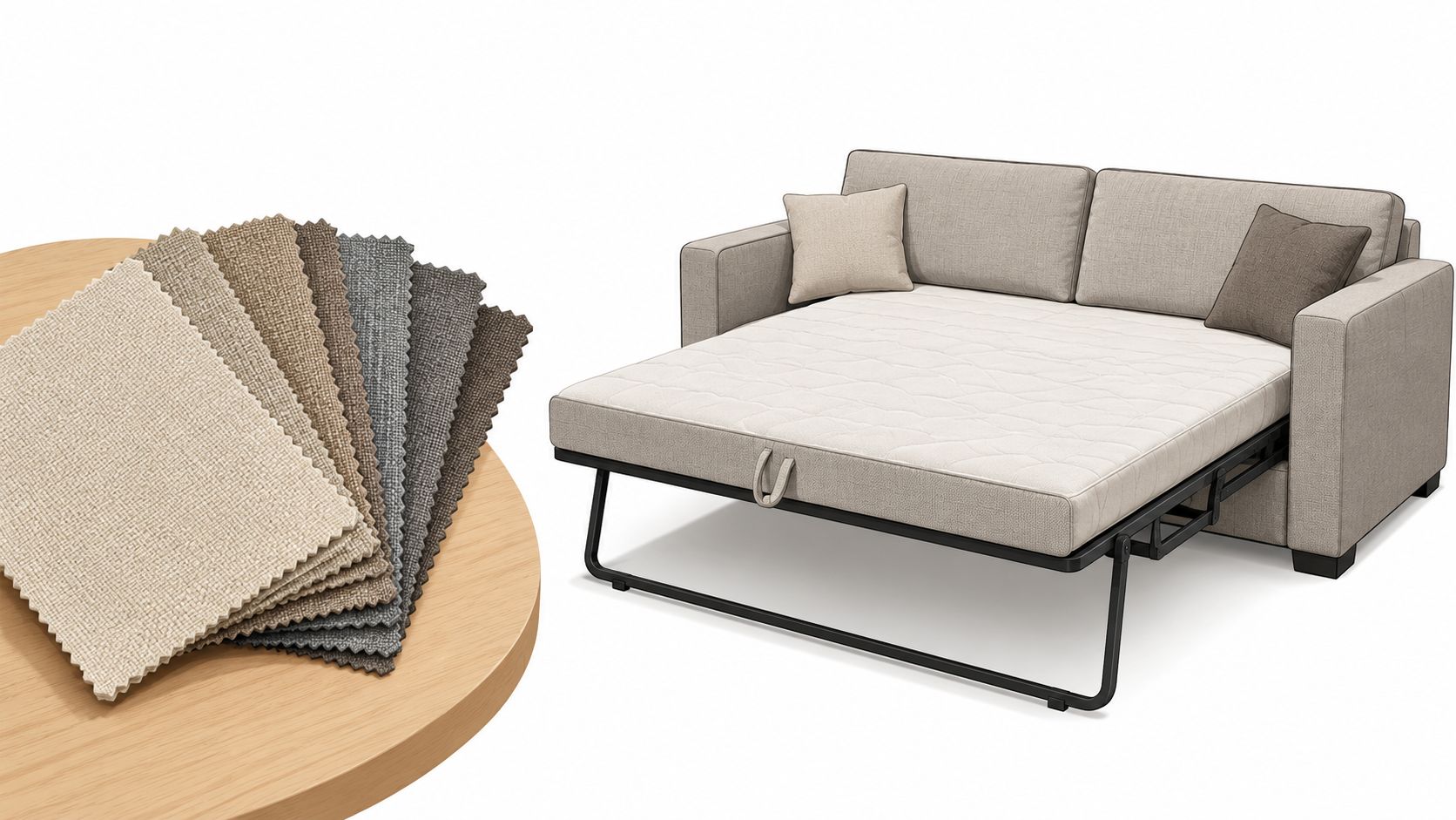 A light beige sofa bed extended in open position, shown alongside a fabric swatch stack on a wooden table.